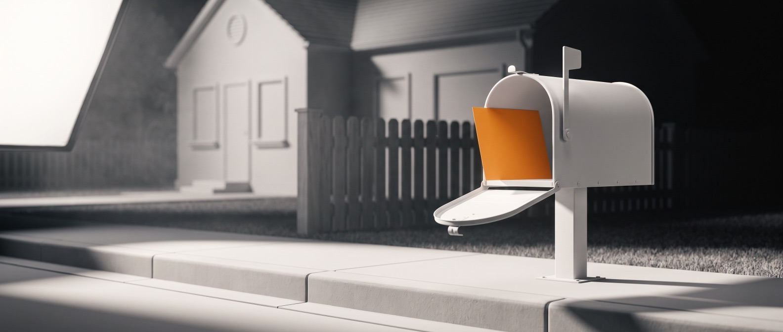 An orange postcard standing in a mailbox at dawn