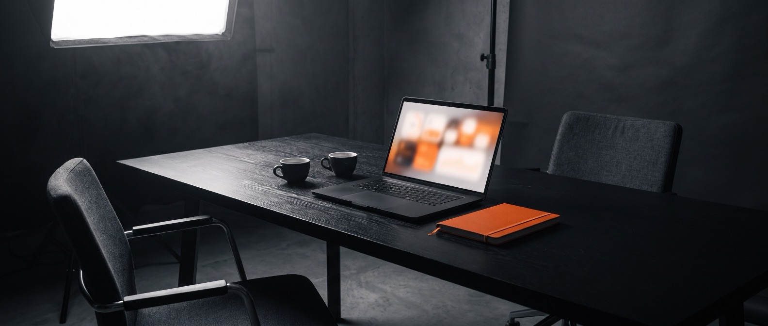 Laptop with charts beside two espresso cups in a review meeting