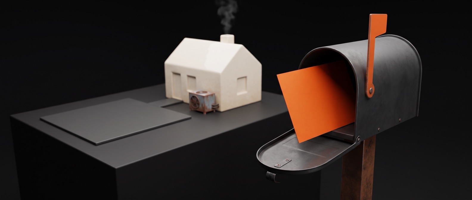 A competitor's orange postcard in the mailbox of a home whose old AC unit has just died