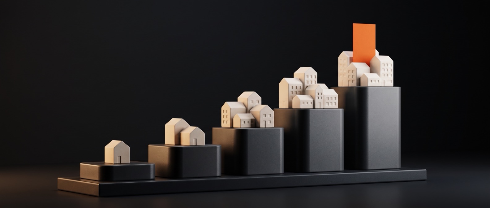 Columns of homes climbing month by month toward an orange milestone